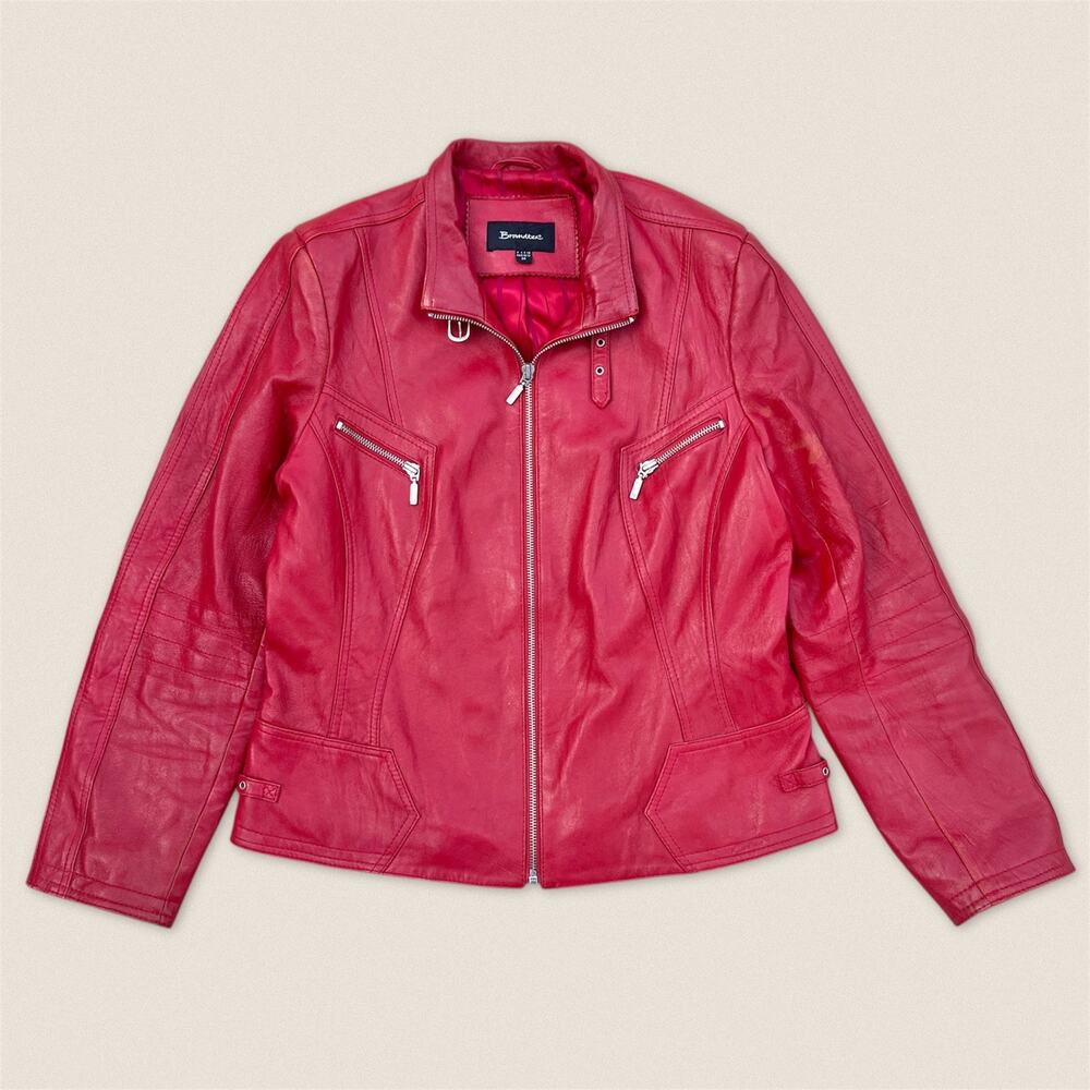 Vintage Red Silver Leather‎ Moto Jacket Biker Brandtex - Size 38 Large Women's